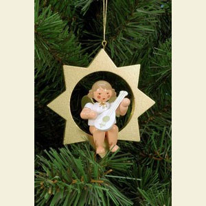 Small Figures & Ornaments Tree Ornaments Angel Ornaments Series Stars & Gold Angel and Star in gold with Lute - 8,5 cm / 3 inch
