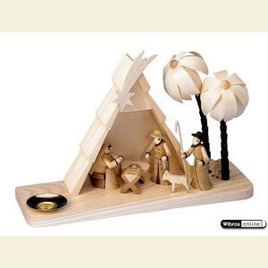 Lichterwelt Kerzenhalter Christi Geburt Weihnachtskrippe - geschnitztes Haus - 15 cm