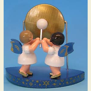 Angels Angels - blue wings - small 2 Angels with big gong fitting simple clouds - Blue Wings - standing - 6cm / 2,3 inch